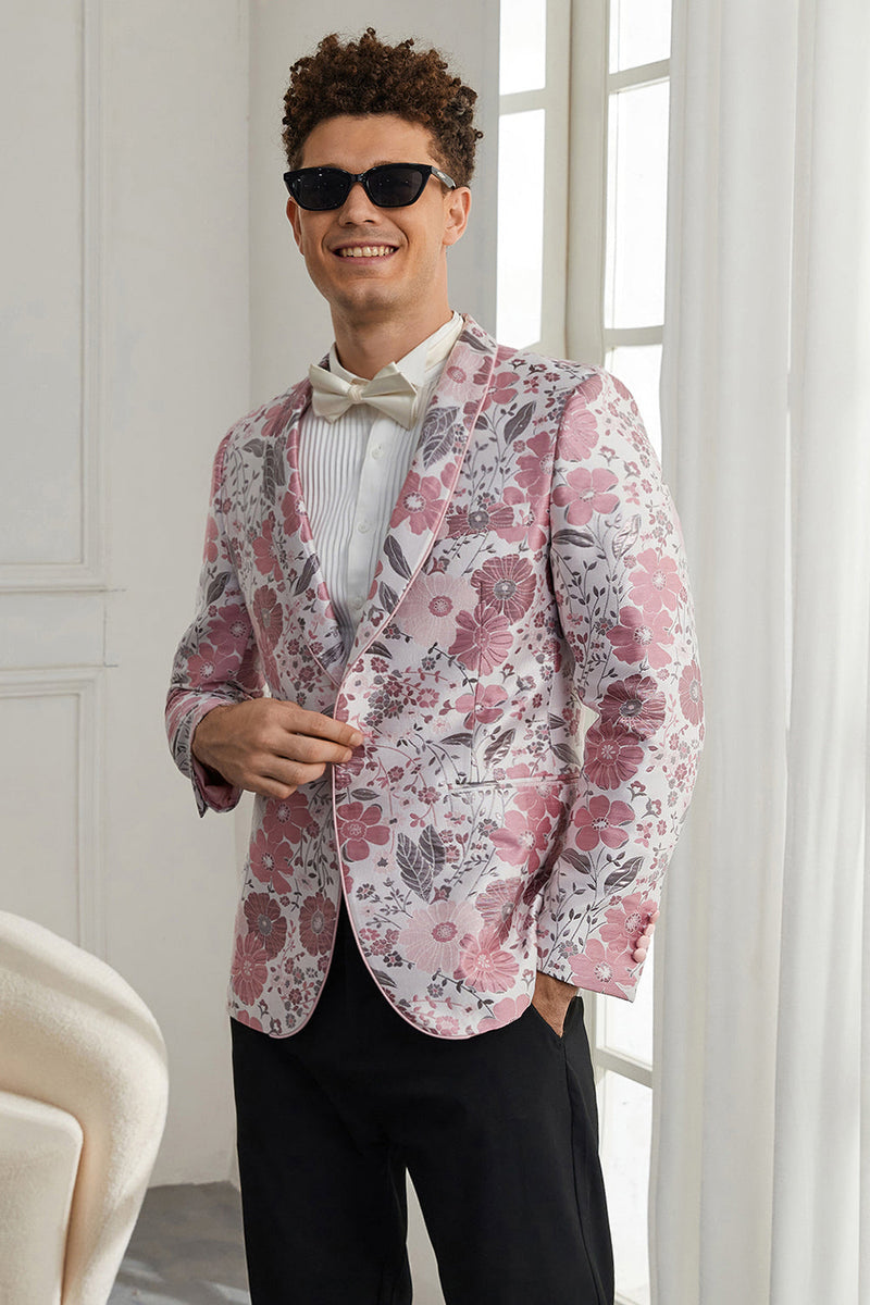Laden Sie das Bild in den Galerie-Viewer, Schalrevers Ein-Knopf Rosa Blumen Jacquard 2-Teiliger Smoking Anzug