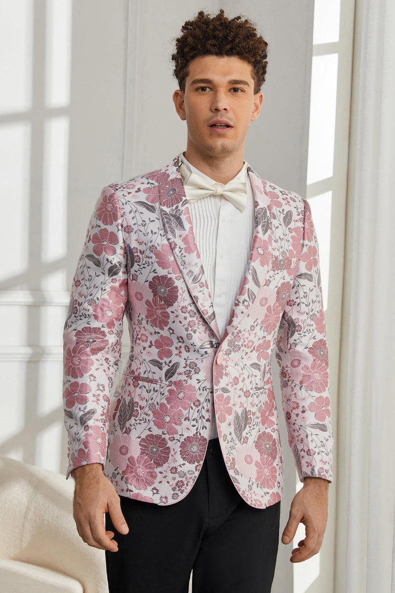 Laden Sie das Bild in den Galerie-Viewer, Schalrevers Ein-Knopf Rosa Blumen Jacquard 2-Teiliger Smoking Anzug