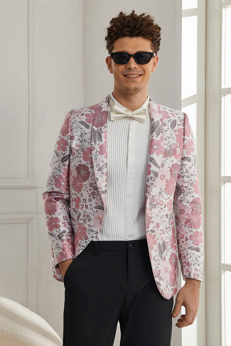 Laden Sie das Bild in den Galerie-Viewer, Schalrevers Ein-Knopf Rosa Blumen Jacquard 2-Teiliger Smoking Anzug