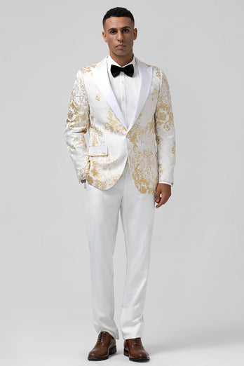 Champagner 2-Teiliger Spitzenrevers Jacquard Herren Ballanzug mit einem Knopf