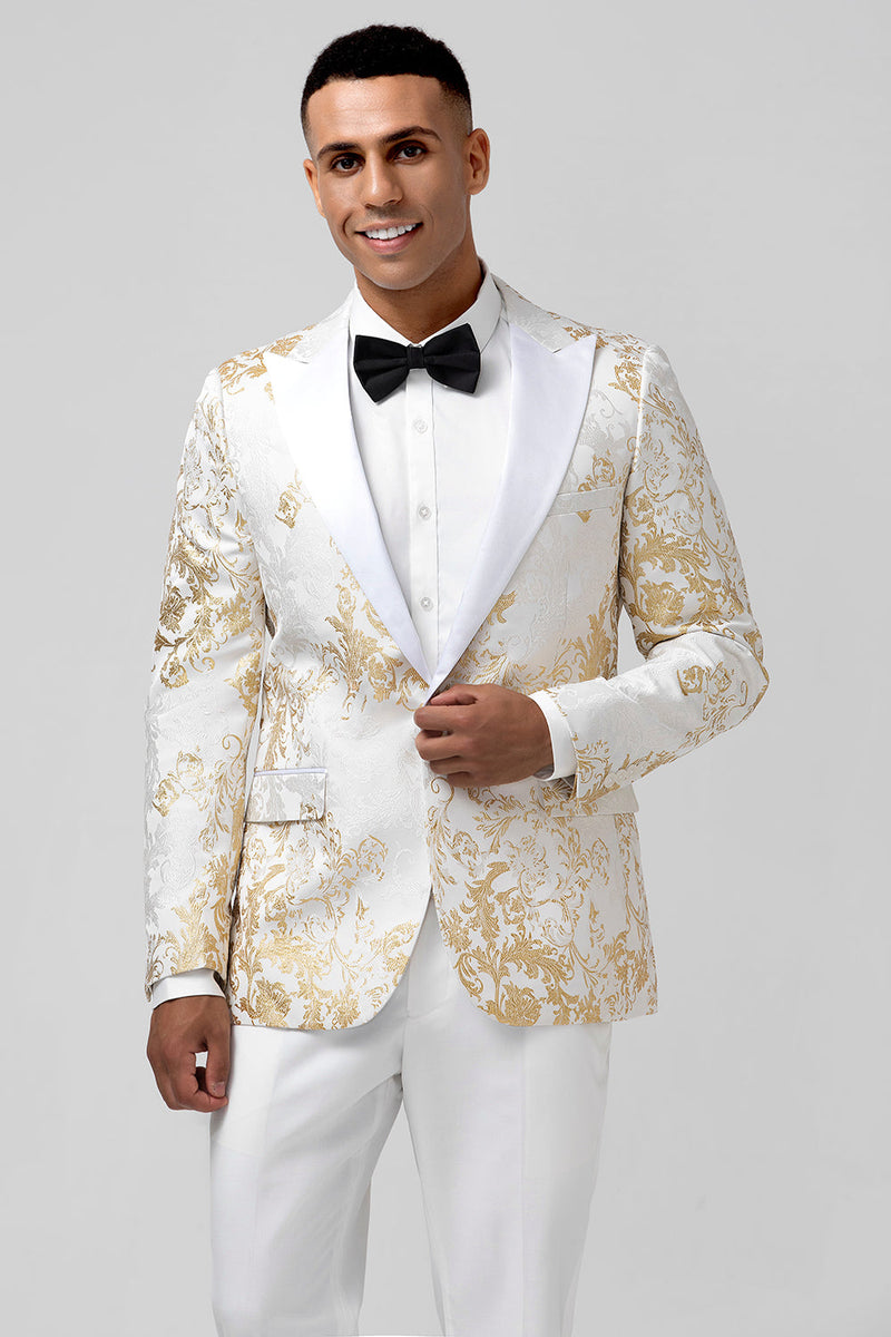 Laden Sie das Bild in den Galerie-Viewer, Champagner 2-Teiliger Spitzenrevers Jacquard Herren Ballanzug mit einem Knopf