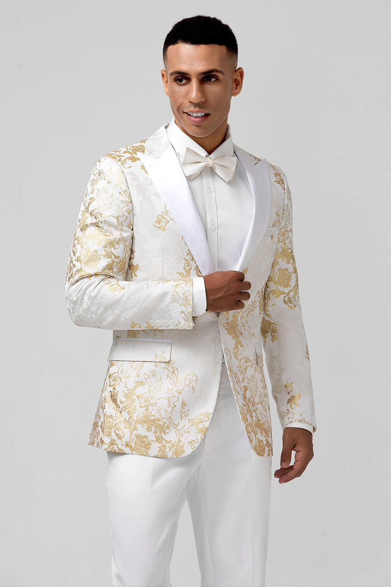 Laden Sie das Bild in den Galerie-Viewer, Champagner 2-Teiliger Spitzenrevers Jacquard Herren Ballanzug mit einem Knopf