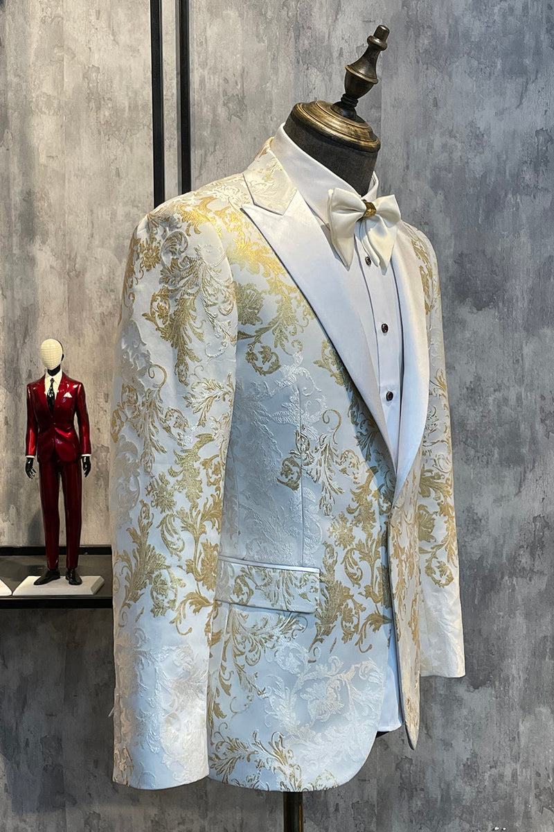 Laden Sie das Bild in den Galerie-Viewer, Champagne Spitzenrevers Pailletten Herren Ein-Knopf Ballblazer Abendanzug
