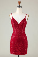 Laden Sie das Bild in den Galerie-Viewer, Glitzerndes dunkelrotes Pailletten-Spaghettiträger-Enges kurzes Cocktailkleid