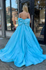 Laden Sie das Bild in den Galerie-Viewer, Blaues A-Linie Satin Perlen Abendkleid mit Schleife