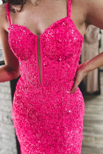 Funkelndes Fuchsia Meerjungfrau Abendkleid mit Pailletten und Schlitz
