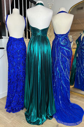 Glitzerndes Türkis A-Linie Neckholder Rückenfreies Langes Abendkleid mit Schlitz