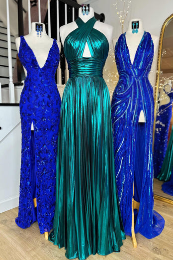 Glitzerndes Türkis Neckholder Rückenfreies Langes Abendkleid mit Schlitz