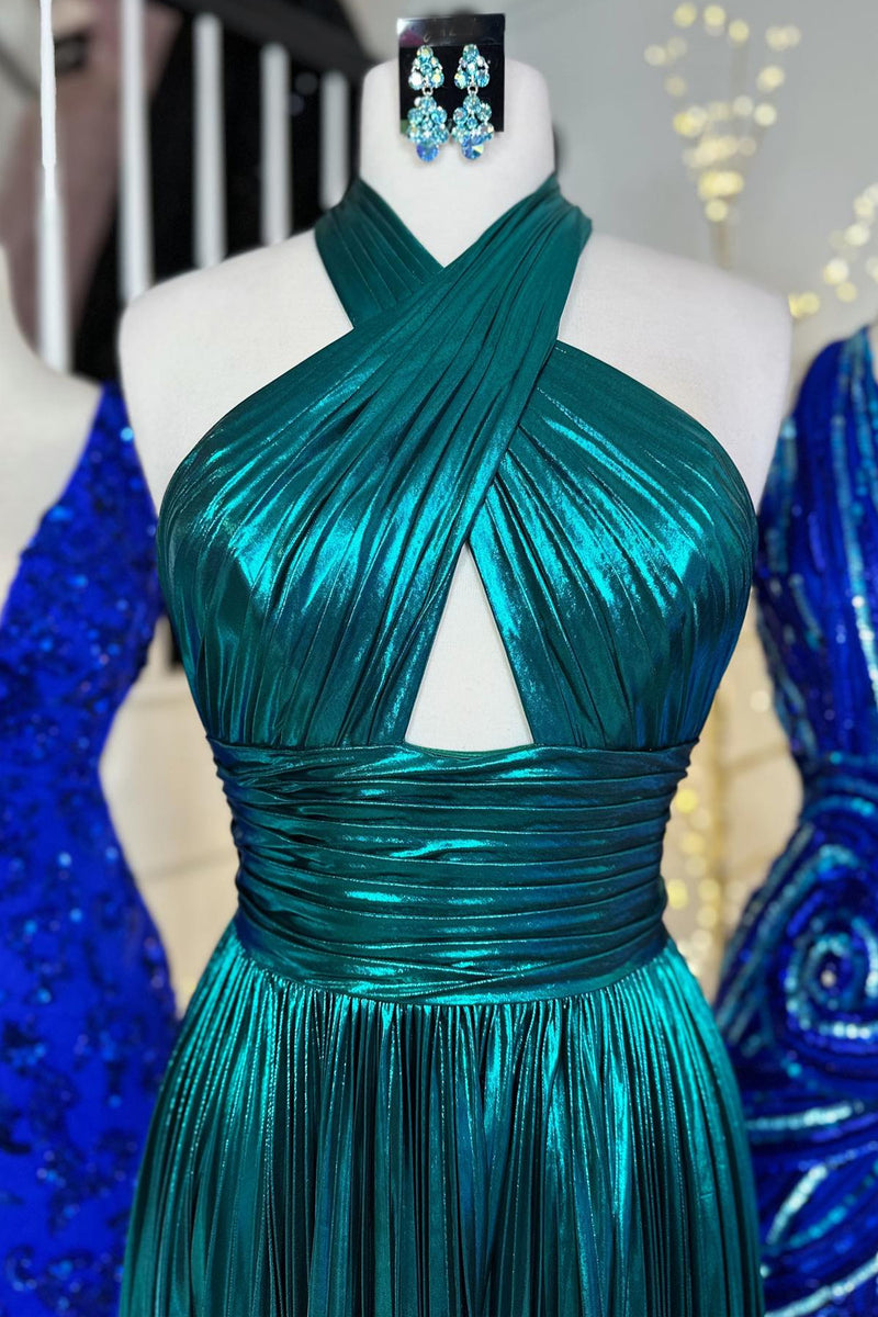 Laden Sie das Bild in den Galerie-Viewer, Glitzerndes Türkis A-Linie Neckholder Rückenfreies Langes Abendkleid mit Schlitz