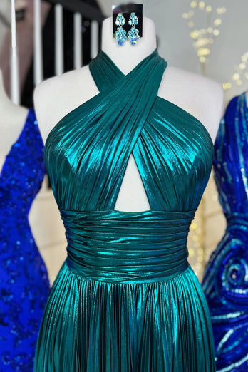 Glitzerndes Türkis Neckholder Rückenfreies Langes Abendkleid mit Schlitz