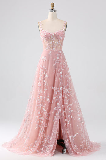Glitzer Rosa A Line Spaghettiträger Korsett Langes Abendkleid mit Schlitz