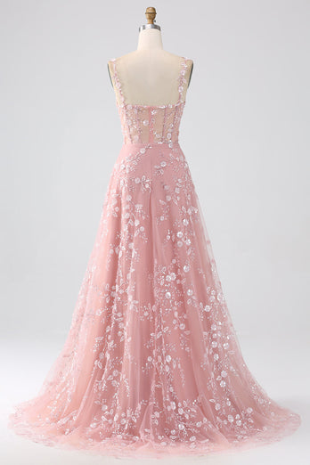 Glitzer Rosa A Line Spaghettiträger Korsett Langes Abendkleid mit Schlitz