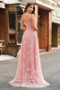 Laden Sie das Bild in den Galerie-Viewer, Glitzer Rosa A Line Spaghettiträger Korsett Langes Abendkleid mit Schlitz