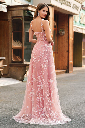 Glitzer Rosa A Line Spaghettiträger Korsett Langes Abendkleid mit Schlitz