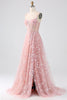 Laden Sie das Bild in den Galerie-Viewer, Glitzer Rosa A Line Spaghettiträger Korsett Langes Abendkleid mit Schlitz