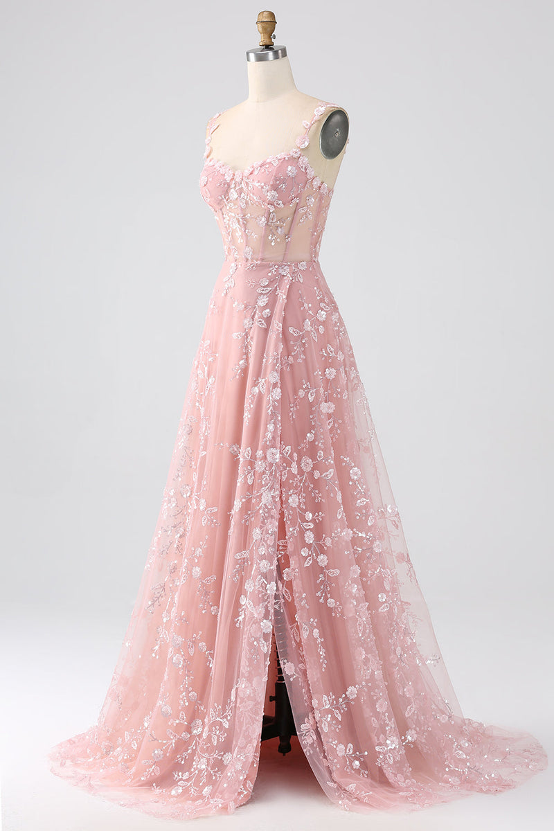 Laden Sie das Bild in den Galerie-Viewer, Glitzer Rosa A Line Spaghettiträger Korsett Langes Abendkleid mit Schlitz