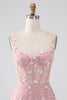 Laden Sie das Bild in den Galerie-Viewer, Glitzer Rosa A Line Spaghettiträger Korsett Langes Abendkleid mit Schlitz