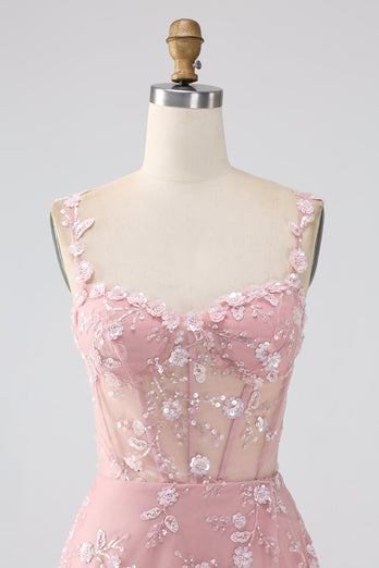 Glitzer Rosa A Line Spaghettiträger Korsett Langes Abendkleid mit Schlitz