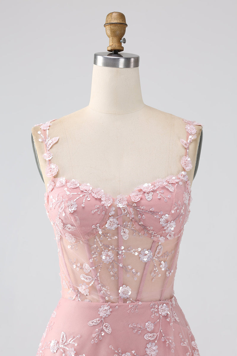 Laden Sie das Bild in den Galerie-Viewer, Glitzer Rosa A Line Spaghettiträger Korsett Langes Abendkleid mit Schlitz
