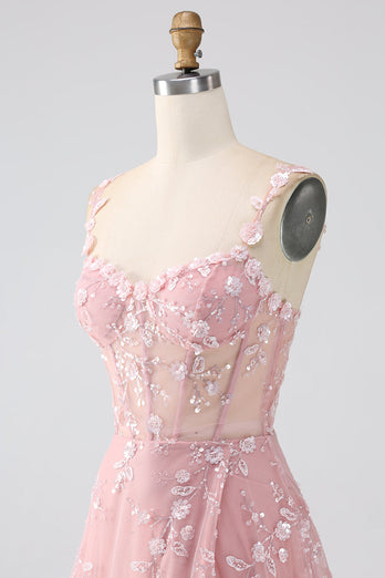 Glitzer Rosa A Line Spaghettiträger Korsett Langes Abendkleid mit Schlitz