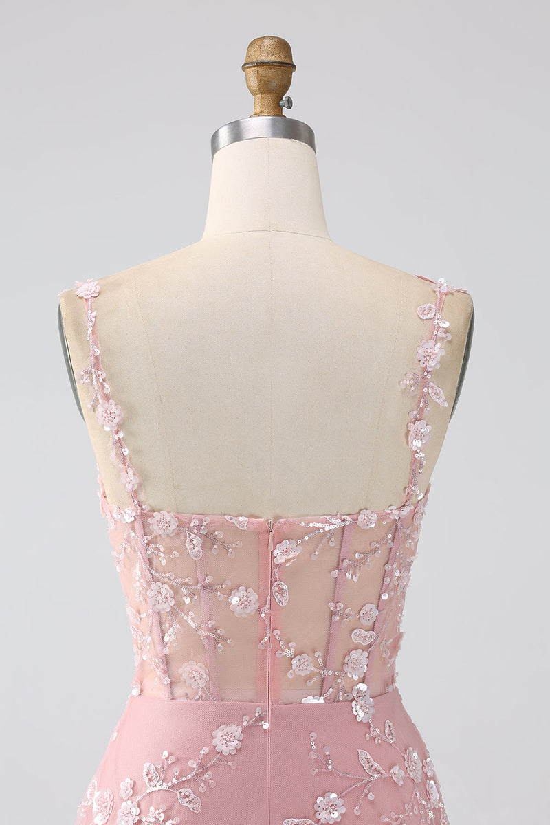 Laden Sie das Bild in den Galerie-Viewer, Glitzer Rosa A Line Spaghettiträger Korsett Langes Abendkleid mit Schlitz