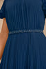 Laden Sie das Bild in den Galerie-Viewer, Marineblaues A-Linien-Kleid mit Rundhalsausschnitt und kurzen Ärmeln