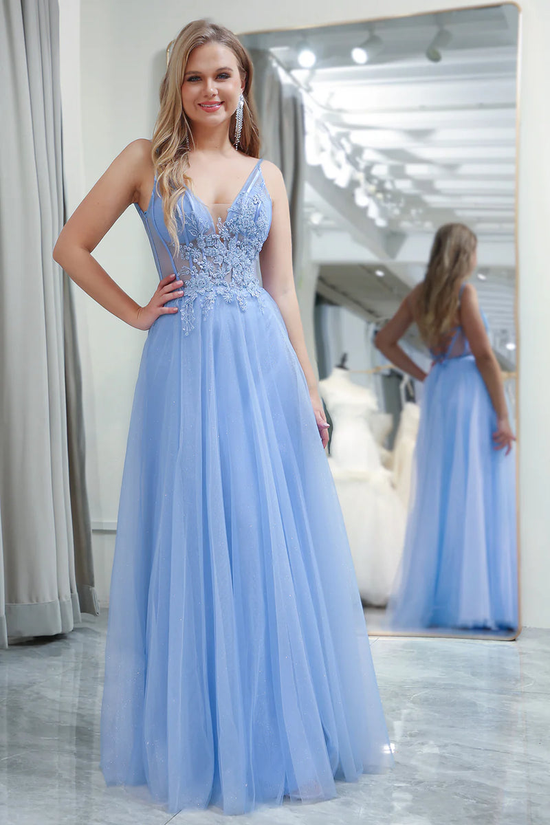 Laden Sie das Bild in den Galerie-Viewer, Hellblaues A Linie Tüll Pailletten Langes Korsett Ballkleid mit Applikationen
