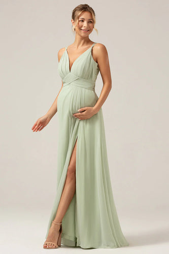 A-Linie Spaghettiträger V-Ausschnitt Plissee Chiffon langes Brautjungfernkleid