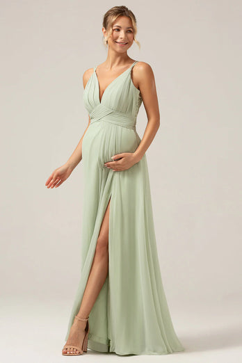 A-Linie Spaghettiträger V-Ausschnitt Plissee Chiffon langes Brautjungfernkleid