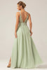 Laden Sie das Bild in den Galerie-Viewer, A-Linie Spaghettiträger V-Ausschnitt Plissee Chiffon langes Brautjungfernkleid