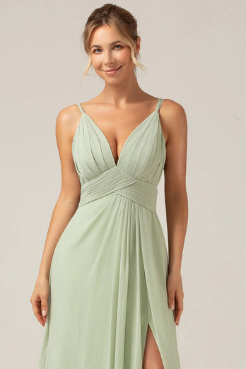 A-Linie Spaghettiträger V-Ausschnitt Plissee Chiffon langes Brautjungfernkleid