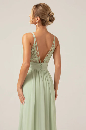 A-Linie Spaghettiträger V-Ausschnitt Plissee Chiffon langes Brautjungfernkleid