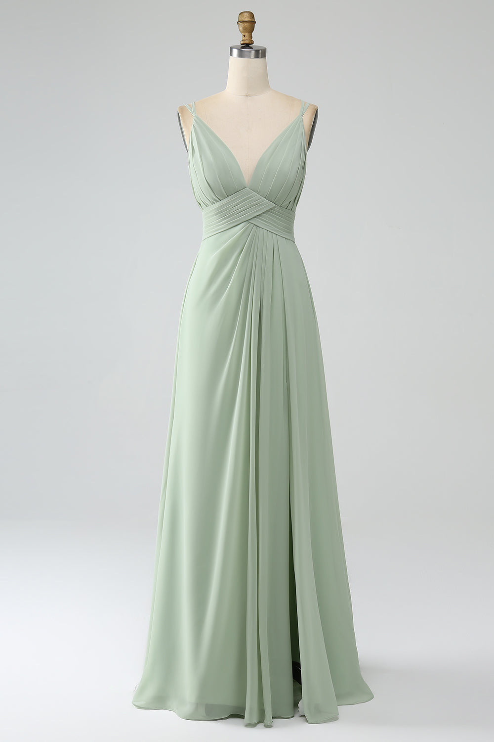 A-Linie Spaghettiträger V-Ausschnitt Plissee Chiffon langes Brautjungfernkleid