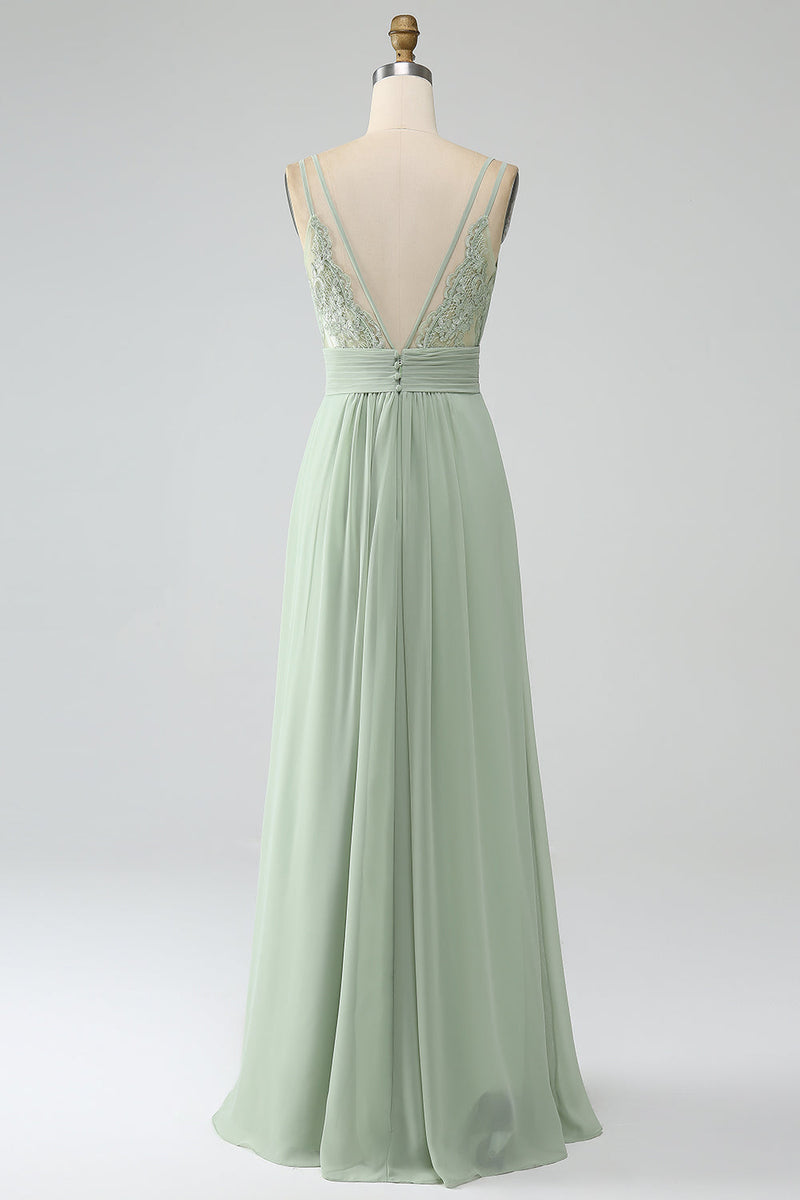 Laden Sie das Bild in den Galerie-Viewer, A-Linie Spaghettiträger V-Ausschnitt Plissee Chiffon langes Brautjungfernkleid