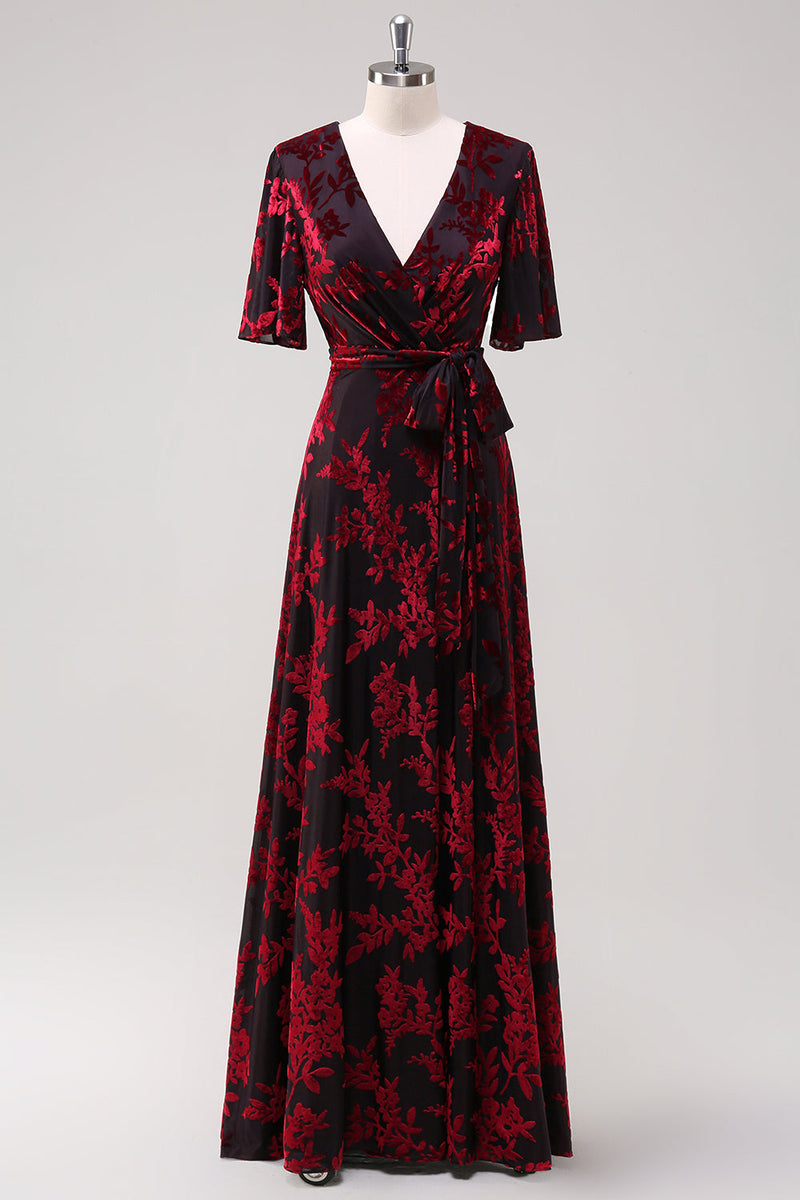 Laden Sie das Bild in den Galerie-Viewer, Leely Burgundy Velvet Printed Wedding Guest Dress with Belt