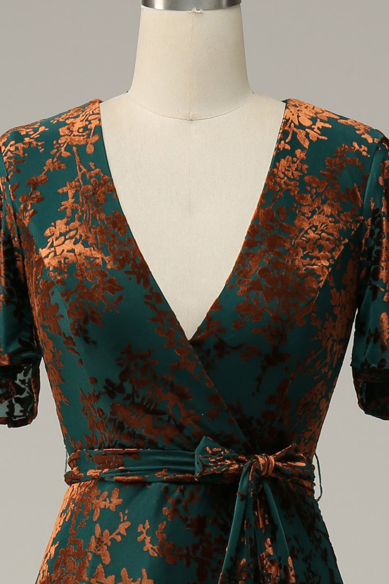 Laden Sie das Bild in den Galerie-Viewer, Bordeaux Samt bedrucktes Langes Festliches Kleid mit Gürtel