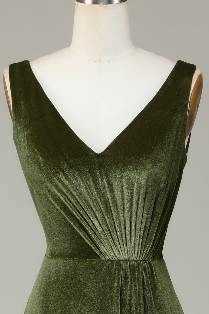 Laden Sie das Bild in den Galerie-Viewer, V Ausschnitt Olivgrün Samt A-Linien Langes Festliches Kleid