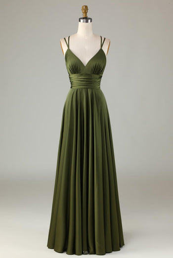 Elegantes Olivgrünes A Linie Spaghettiträger Langes Brautjungfernkleid