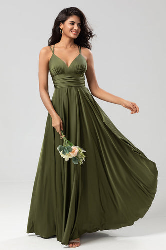 Elegantes Olivgrünes A Linie Spaghettiträger Langes Brautjungfernkleid