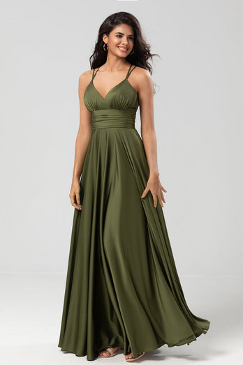 Elegantes Olivgrünes A Linie Spaghettiträger Langes Brautjungfernkleid