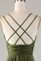 Laden Sie das Bild in den Galerie-Viewer, Olivgrünes A-Linie Ärmelloses Langes Brautjungfernkleid