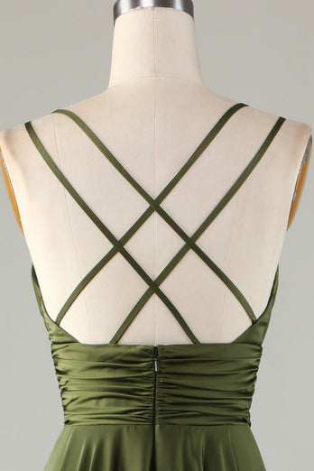 Olivgrünes A-Linie Ärmelloses Langes Brautjungfernkleid
