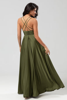 Elegantes Olivgrünes A Linie Spaghettiträger Langes Brautjungfernkleid