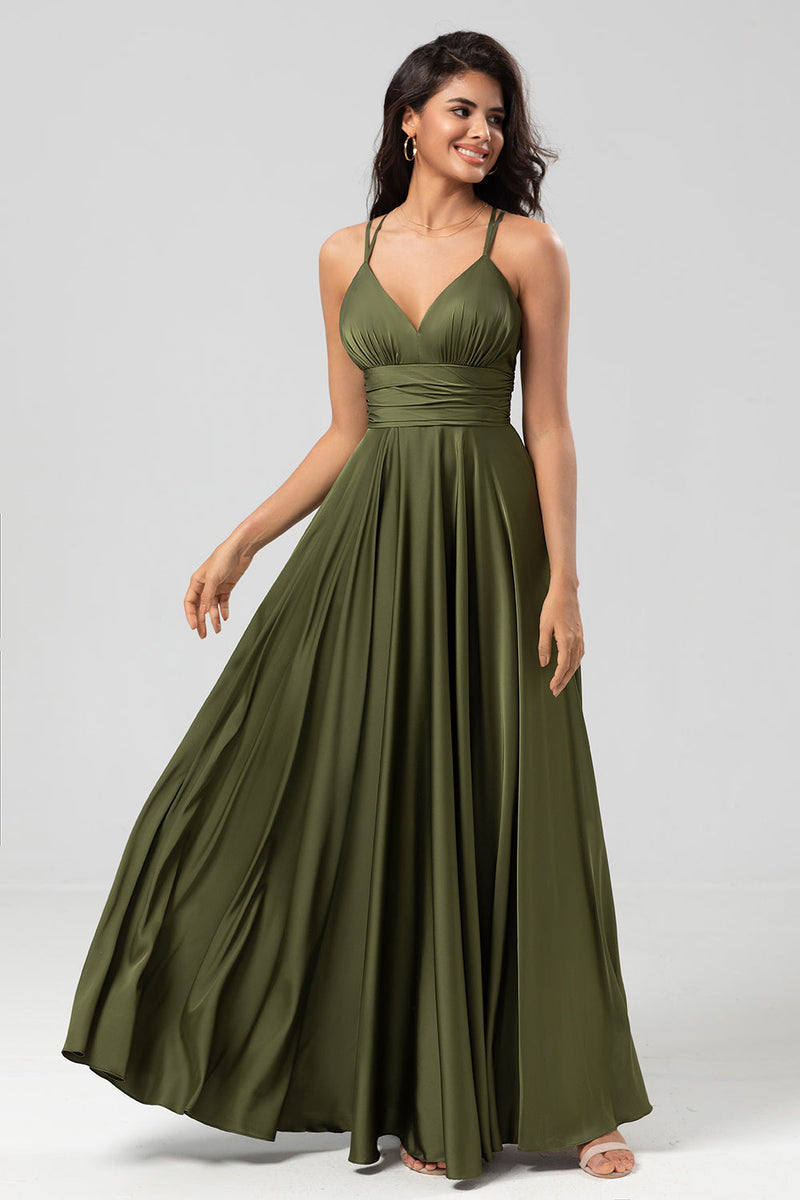 Laden Sie das Bild in den Galerie-Viewer, Elegantes Olivgrünes A Linie Spaghettiträger Langes Brautjungfernkleid