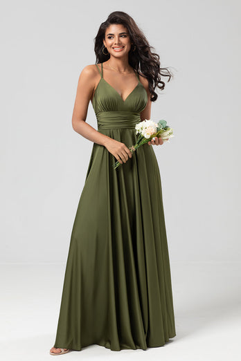 Elegantes Olivgrünes A Linie Spaghettiträger Langes Brautjungfernkleid