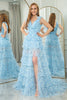 Laden Sie das Bild in den Galerie-Viewer, Blaues A-Linie V-Ausschnitt Tüll-Abendkleid mit Schlitz