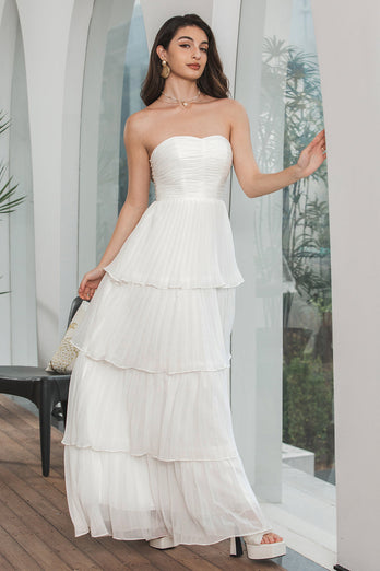 Einfaches weißes Plissiertes Gestuftes Hochzeitsfeierkleid