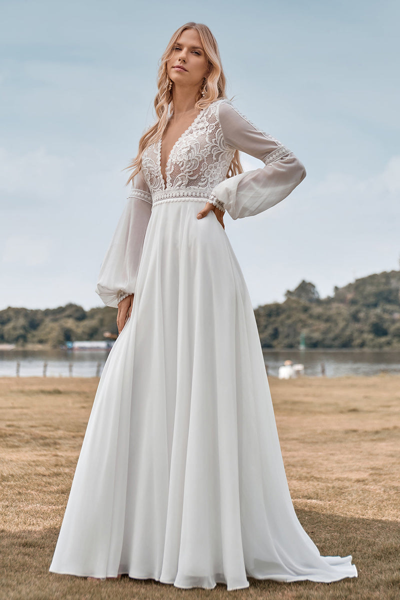 Laden Sie das Bild in den Galerie-Viewer, Lange Ärmel Elfenbein A-Linien Brautkleid mit Spitze