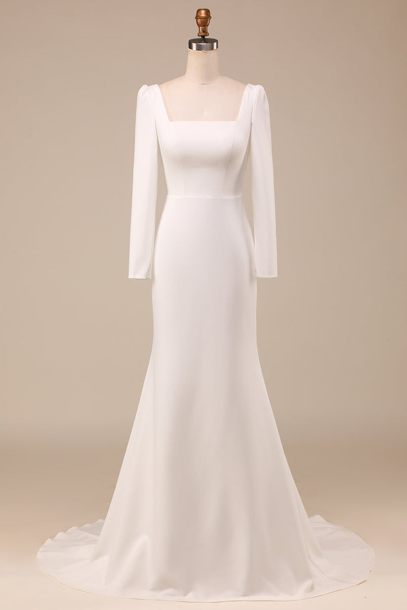 Laden Sie das Bild in den Galerie-Viewer, Leely Women Ivory Wedding Dress Mermaid Square Neck Bridal Dress With Long Sleeves