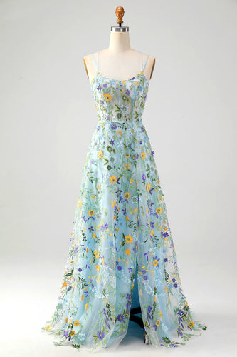 Blau Blumen A Linie Spaghettiträger Korsett Langes Ballkleid mit Schlitz